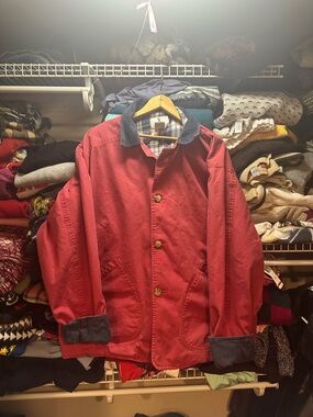 Vintage Salmon Red Men’s Flannel Lined Barn Chore Coat Size XL Corduroy